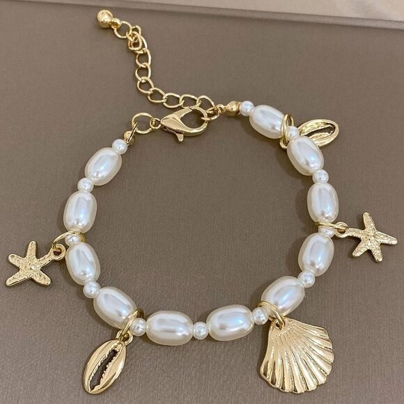 Pearl Shell Anklet Bracelet for Women with Gold Starfish Charm Beach Jewelry - Picture 3 of 7